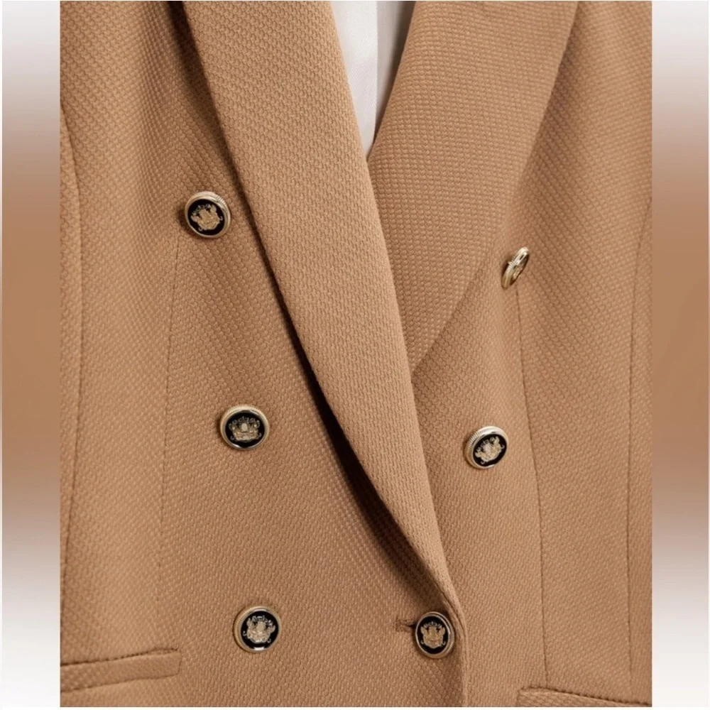 NEW WOMAN DOUBLE-BREASTED PIQUÉ BLAZER TAILORED JACKET CAMEL  XS
